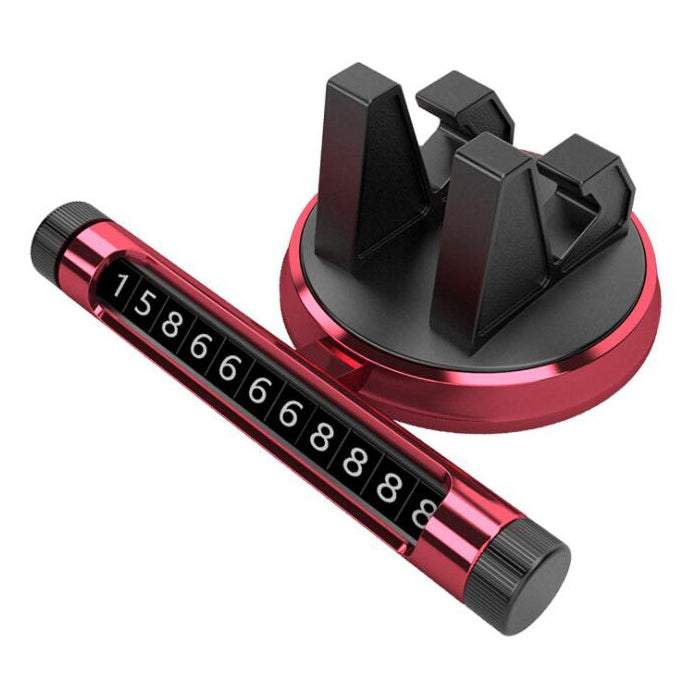 Red car dashboard temporary parking number card holder with black privacy cover and digits.