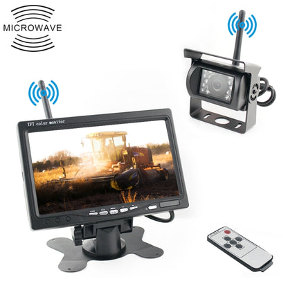 Wireless rear view parking camera system with monitor, rear camera, and remote control