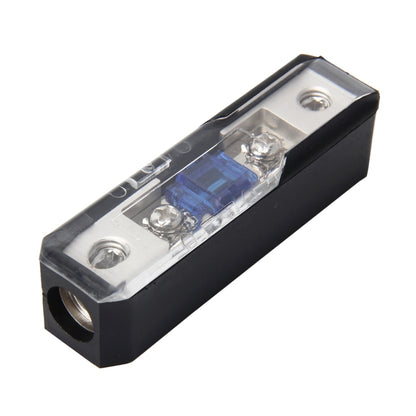 Black car audio fuse holder with clear cover, blue fuse, and silver metal terminals