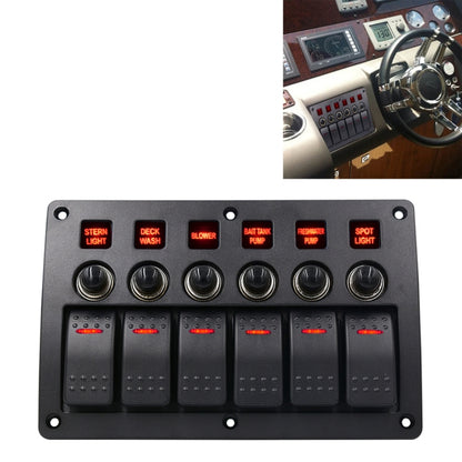 Black marine 6-way switch panel with six rocker buttons and six circular toggle caps