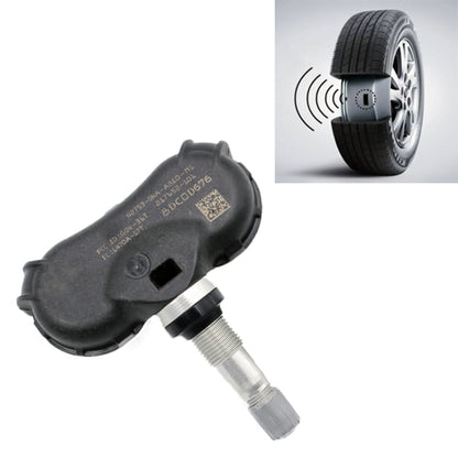 Black TPMS tire pressure sensor with metal valve stem and ID markings on housing.