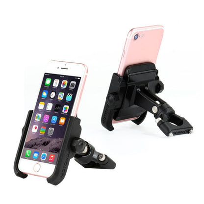 Motorcycle handlebar phone bracket holding a smartphone on a black clamp