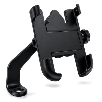 Black motorcycle rear-view mirror phone bracket with adjustable clamp for 60–100 mm devices