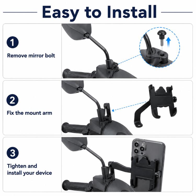 Black rear-mirror phone bracket installation steps showing mount arm and device cradle