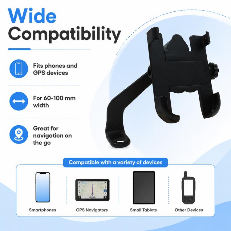 Black wide-compatibility phone bracket with cradle arms for 60–100 mm width devices