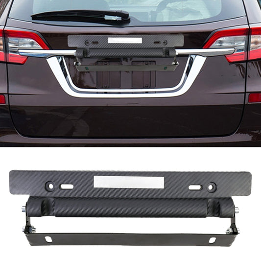 Black carbon-fiber style adjustable license plate frame with mounting bracket