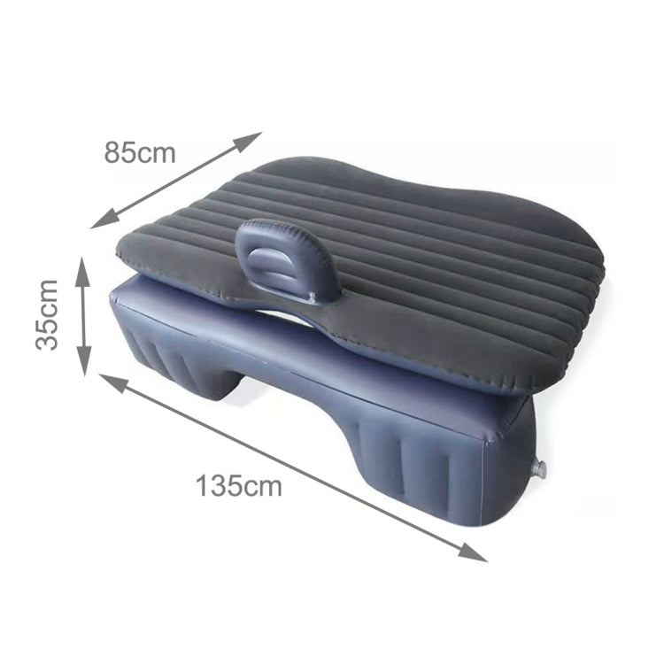 Inflatable car air bed mattress in blue, shown with size dimensions and built-in headrest