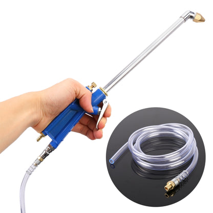 Blue high pressure spray gun with trigger handle and connected hose, held in hand