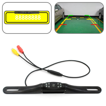 Rear view license plate camera frame with black camera bar and connected cables
