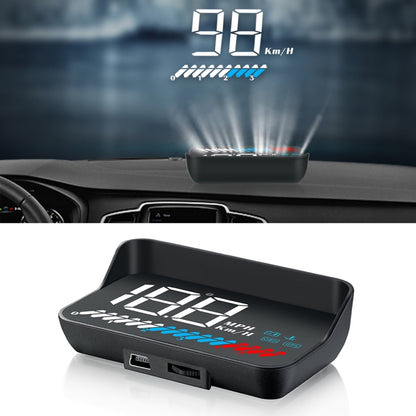 Car HUD head-up display with black casing and digital speed gauge on the display
