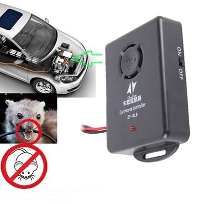 Car mouse control repellent device, dark gray box with speaker and red indicator light.