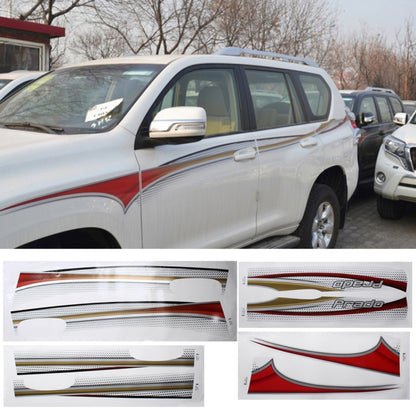 Car body decorative strip stickers on white SUV door, red gold and silver accent lines