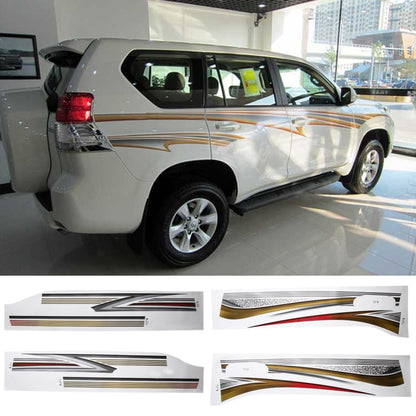 White SUV with gold, red, and black shiny body decorative strip stickers along side
