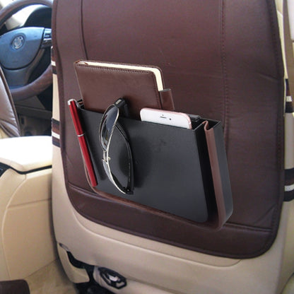 Car seatback organizer pouch with central black phone panel and side red pen holder