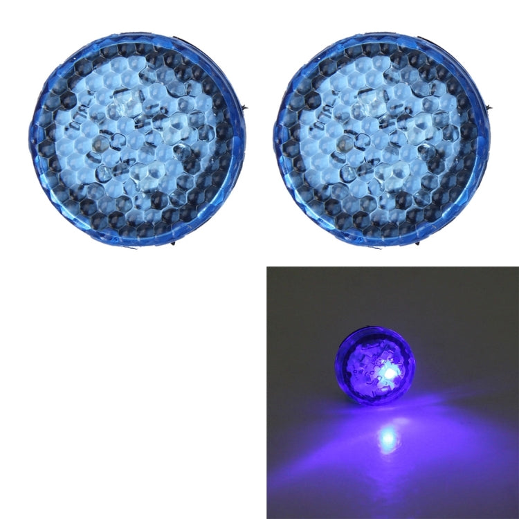 Car door anti-collision warning strobe lights, two blue round lenses with purple glow