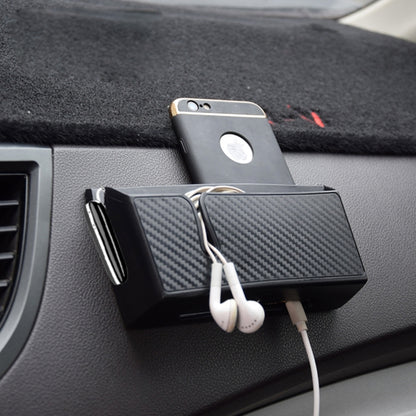 Double-layer car storage organizer with carbon-fiber patterned pouch, holds phone and cables
