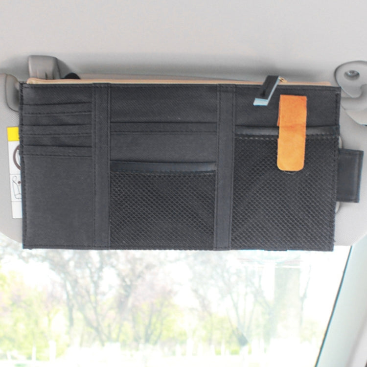Black car sun visor organizer with card slots and sunglass pouch