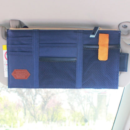 Dark blue car sun visor organizer with card slots and sunglass pouch