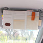 Khaki car sun visor organizer with card slots and sunglass pocket