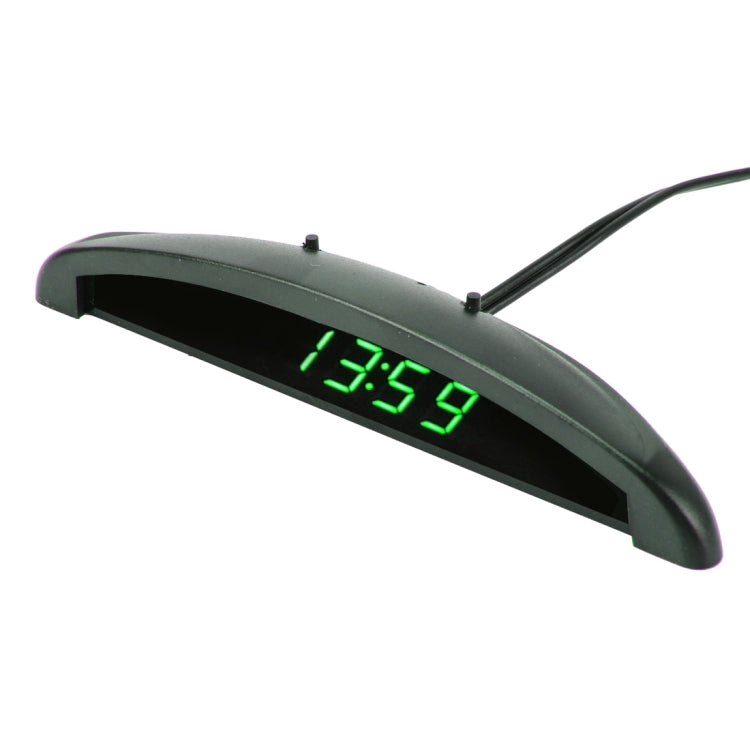 Car LED thermometer clock with green LED time/temperature display in curved housing