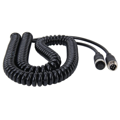 Coiled black 4-pin aviation extension cord with male and female connectors, 5m
