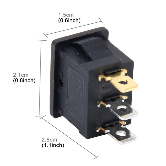 3-pin rocker switch dimensions view, black body with gold pins and red indicator