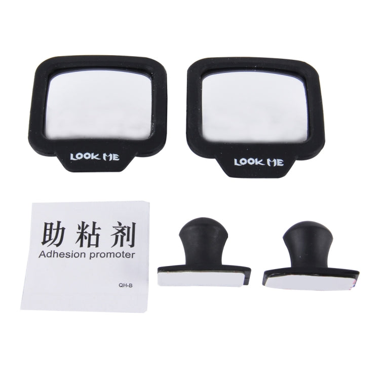 Two black wide-angle rear view mirrors with LOOK ME logo and adhesive packet