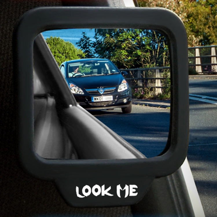 Black wide-angle car rear view mirror with curved frame and LOOK ME logo