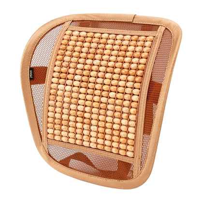 Beaded massage waist mat with breathable mesh and light brown wooden bead grid