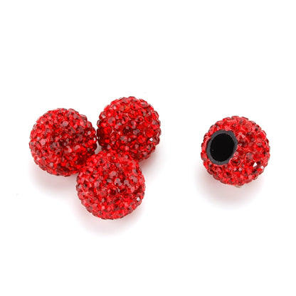 Red rhinestone air valve cap covers, round gem beads with black center opening