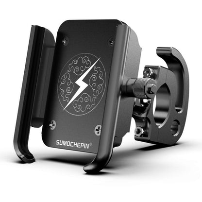 Black motorcycle aluminum phone bracket with side clamp and adjustable hook mount