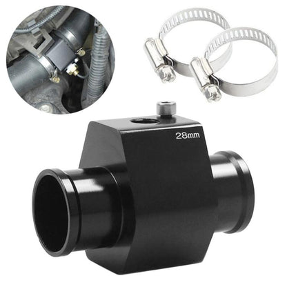 Black radiator temperature sensor adaptor with 28mm port and metal hose clamps