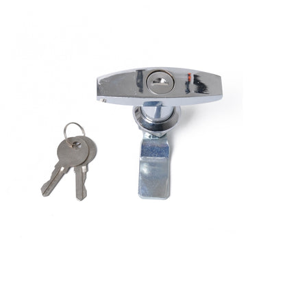 Silver T-handle entry door latch with two keys and key cylinder lock