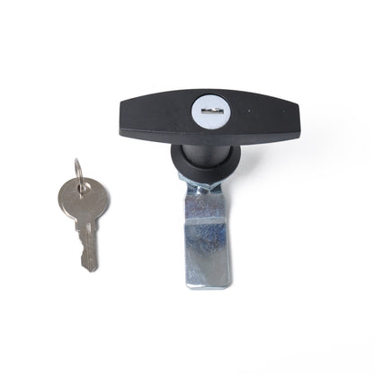 Black T-handle door latch with key and lock cylinder