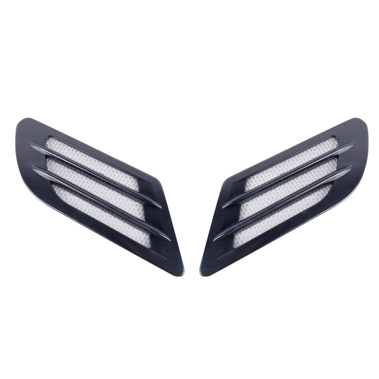Pair of black hood vent grille covers with three-line silver mesh slats