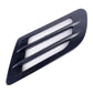 Single black hood side vent grille cover with silver mesh insert and slotted fins
