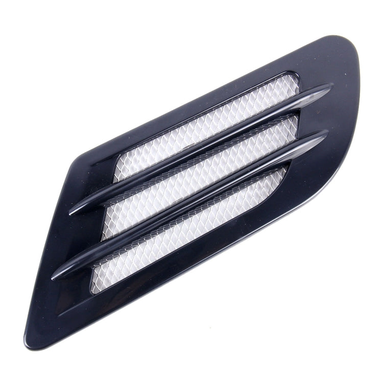 Single black hood side vent grille cover with silver mesh insert and slotted fins