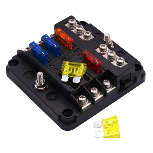 Independent Positive and Negative 1 in 6 Out 6 Way Circuit Blade Fuse Box Fuse Holder Kits with LED Warning Indicator for Auto Car Truck Boat, 1 in 6 Out