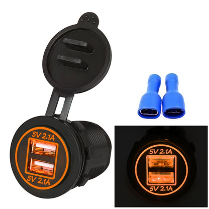 Dual USB car charger with retractable socket and orange LED ring, 2-port 5V 2.1A each
