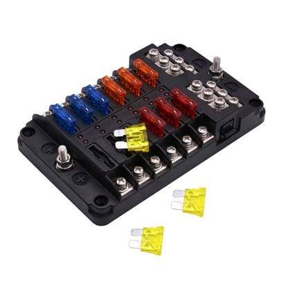 12-circuit blade fuse holder with mixed color blade fuses and metal terminal posts