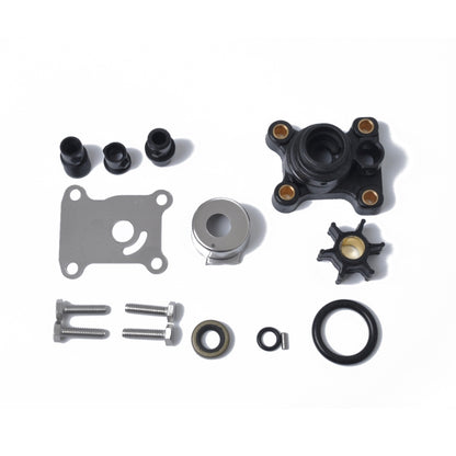 Outboard water pump impeller repair kit parts, black plastic seals, gasket, screws, and washers