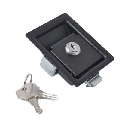 Black paddle door latch with key, recessed lock cylinder and metal mounting base
