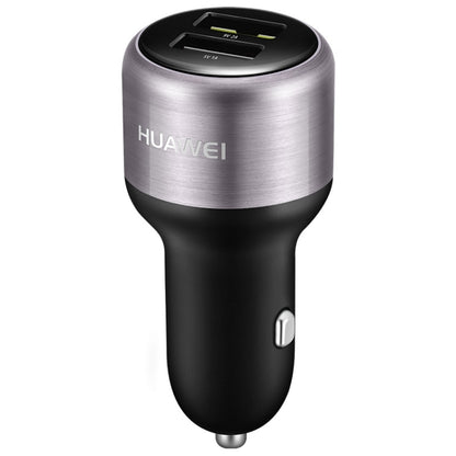 Huawei dual USB car charger with brushed silver top and black barrel body