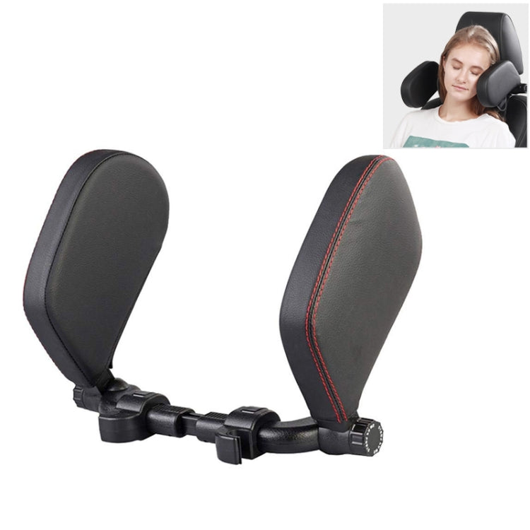 Car seat neck pillow headrest, black with red edge stitching and adjustable straps