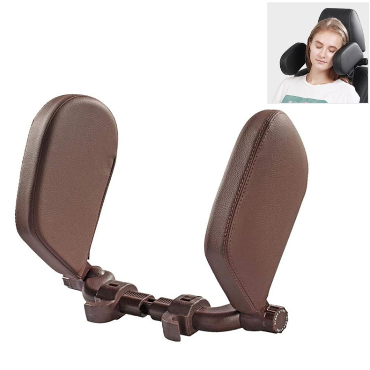 Car seat neck pillow headrest, brown with stitched trim and adjustable buckle straps
