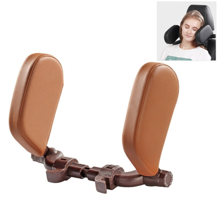 Car seat neck pillow headrest, tan with brown trim and adjustable buckle straps
