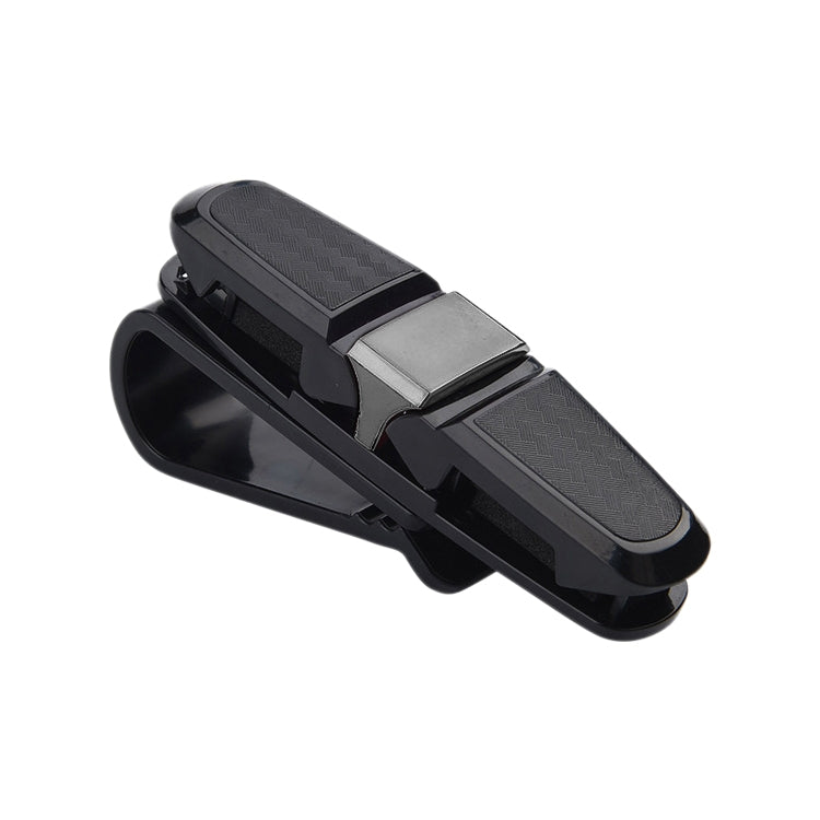 Car eyeglasses clip holder, black hinged clip with textured grip pads and metal slide