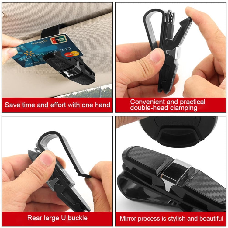 Car eyeglasses clip holder, double-head clamp design shown in multiple use angles