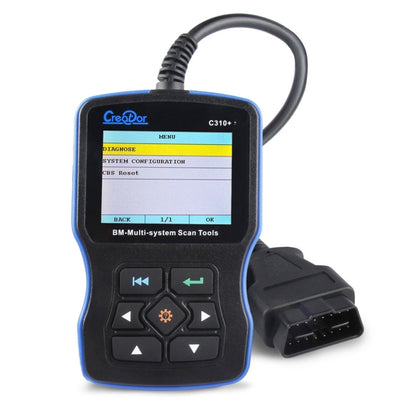Handheld blue OBD2 car diagnostic scanner with display screen and black cable connector