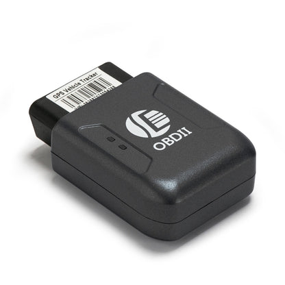 Black OBDII GPS vehicle tracker module with indicator lights and brand logo